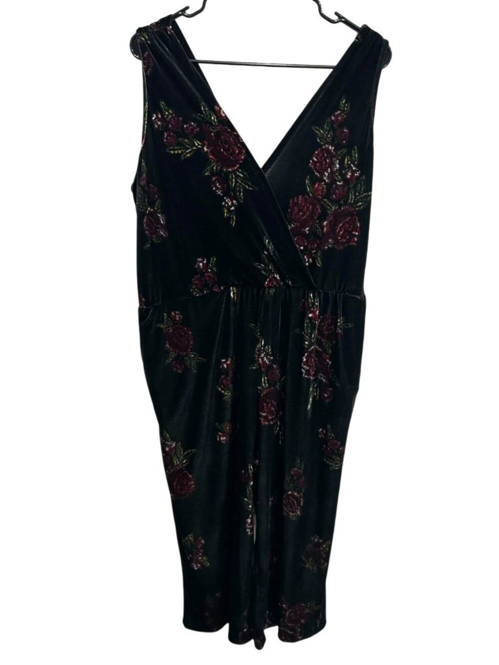 Floral Embroidered XL Black Velvet Sleeveless Jumpsuit Cottagecore Whimsygoth